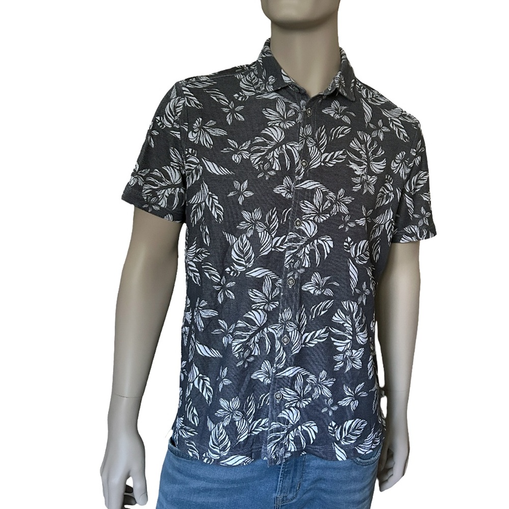 Tommy Bahama Hawaiian Tiki Shirt Monochrome Tropical Leaf Pattern Print